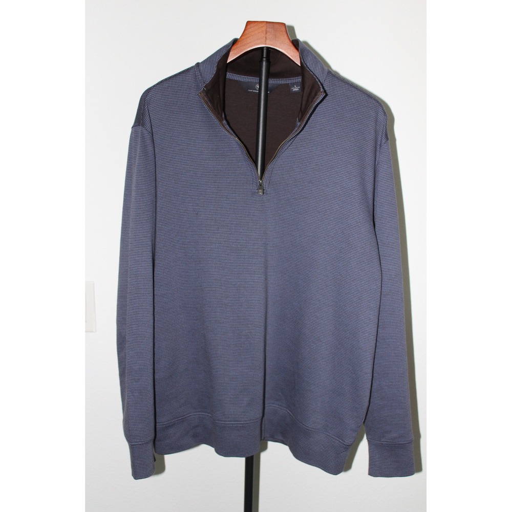 Hart Schaffner Marx Mens Blue Brown Micro Houndstooth 1/4 Zip Cotton Pullover‎ L
